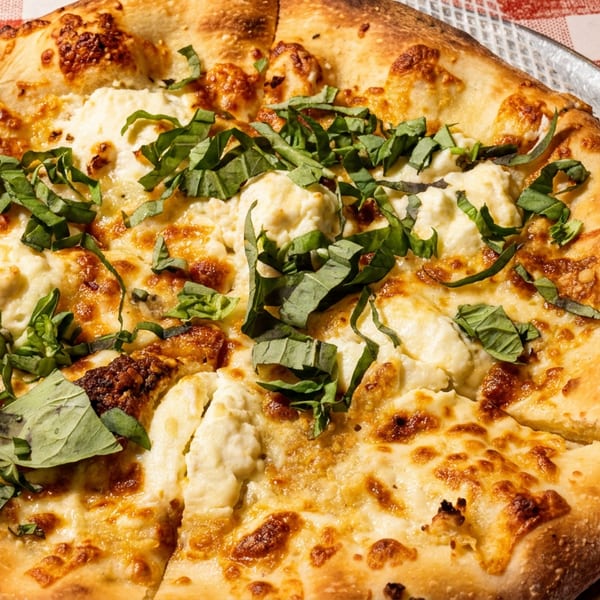 White pizza with dollops of ricotta, melted cheese, and fresh basil on a metal pan over a checkered tablecloth.