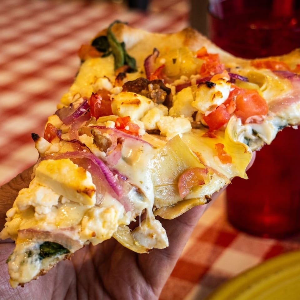 A hand holds a gourmet pizza slice with feta, red onions, tomatoes, and artichoke hearts.